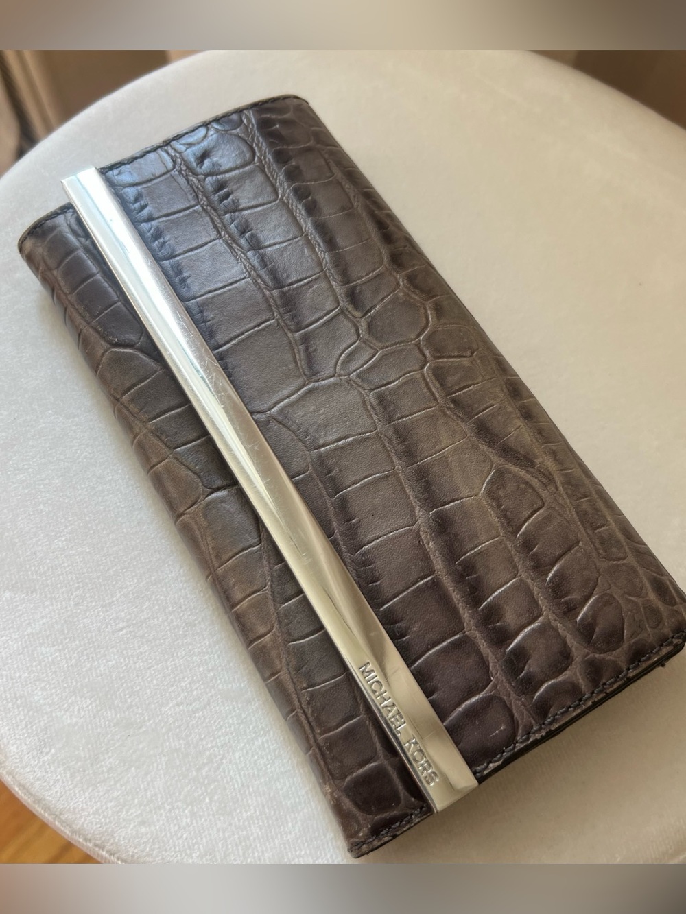 Michael Kors Croc Embossed Leather Continental Flap Wallet Gray Brown